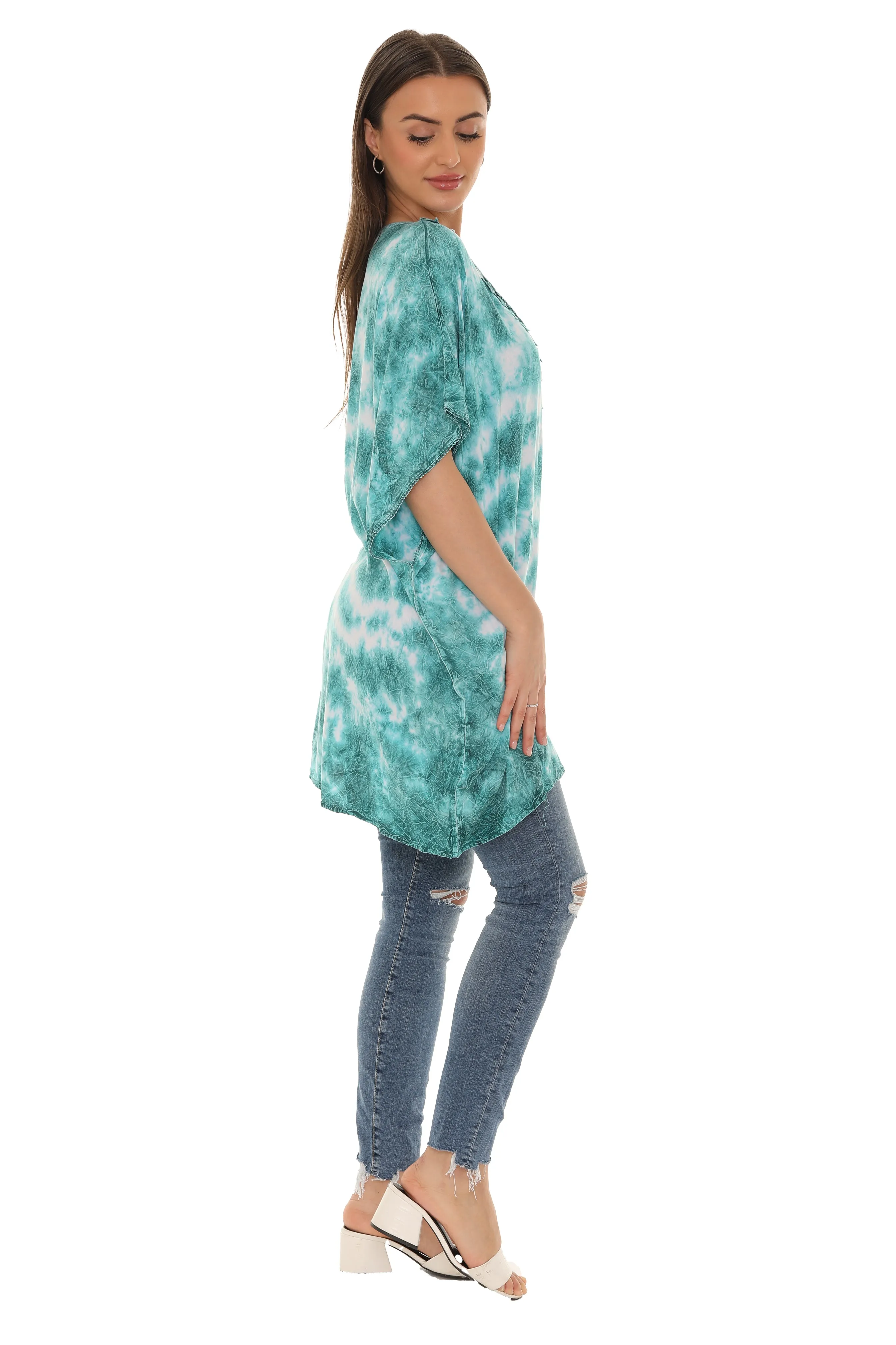 Tie Dye Caftan Style V-neck Embroidery Dress