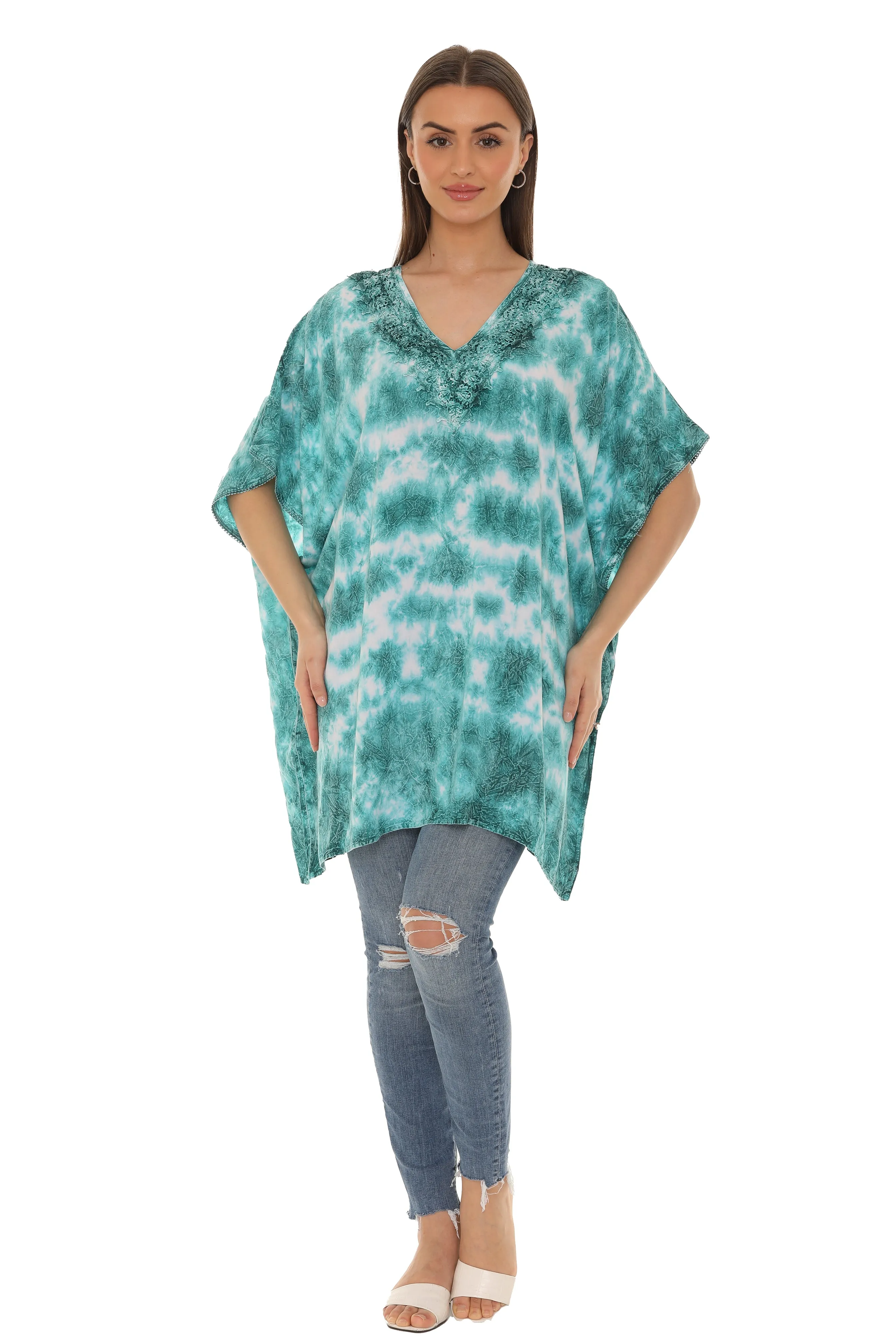 Tie Dye Caftan Style V-neck Embroidery Dress