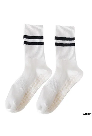 Varsity Vibes Anti-Slip Striped Crew Socks - Black & White