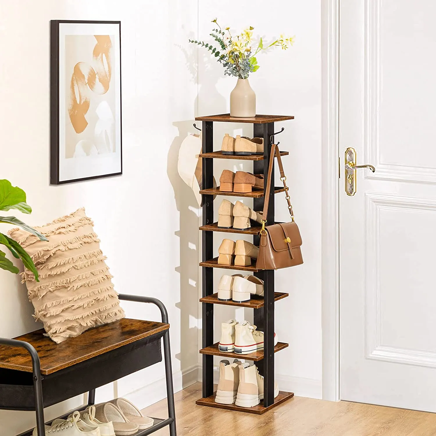 Vertical Shoe Rack, 8 Tier Shoe Storage Organizer with Hooks, Narrow Shoe Rack