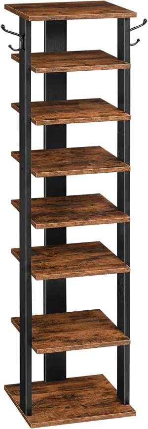 Vertical Shoe Rack, 8 Tier Shoe Storage Organizer with Hooks, Narrow Shoe Rack