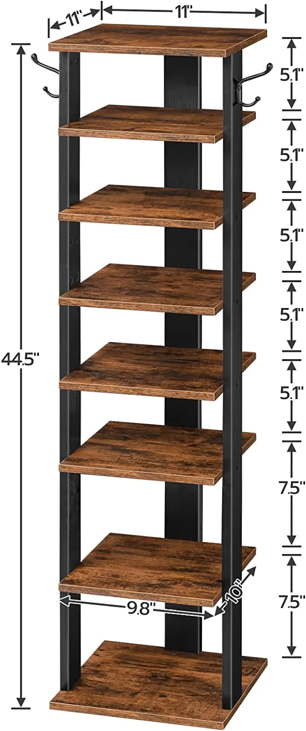 Vertical Shoe Rack, 8 Tier Shoe Storage Organizer with Hooks, Narrow Shoe Rack