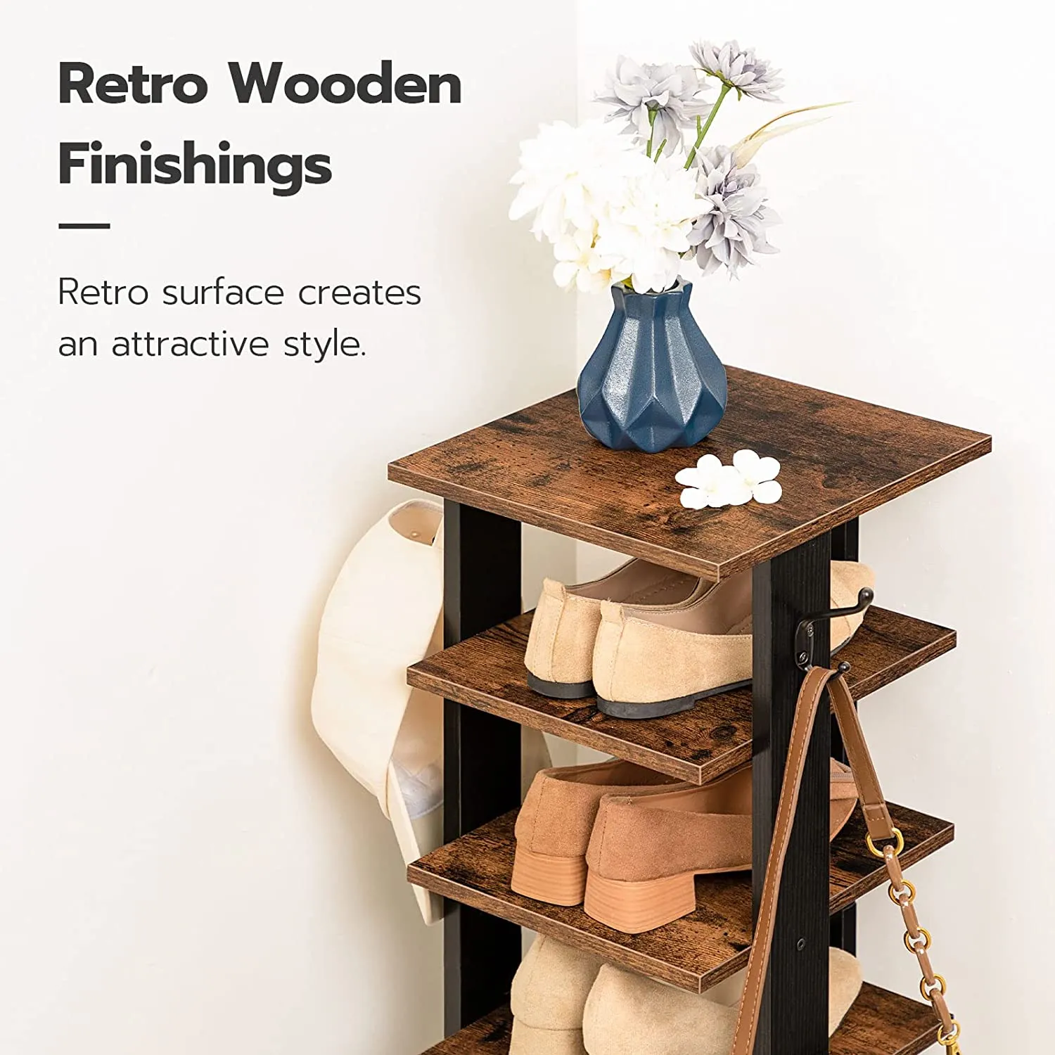 Vertical Shoe Rack, 8 Tier Shoe Storage Organizer with Hooks, Narrow Shoe Rack