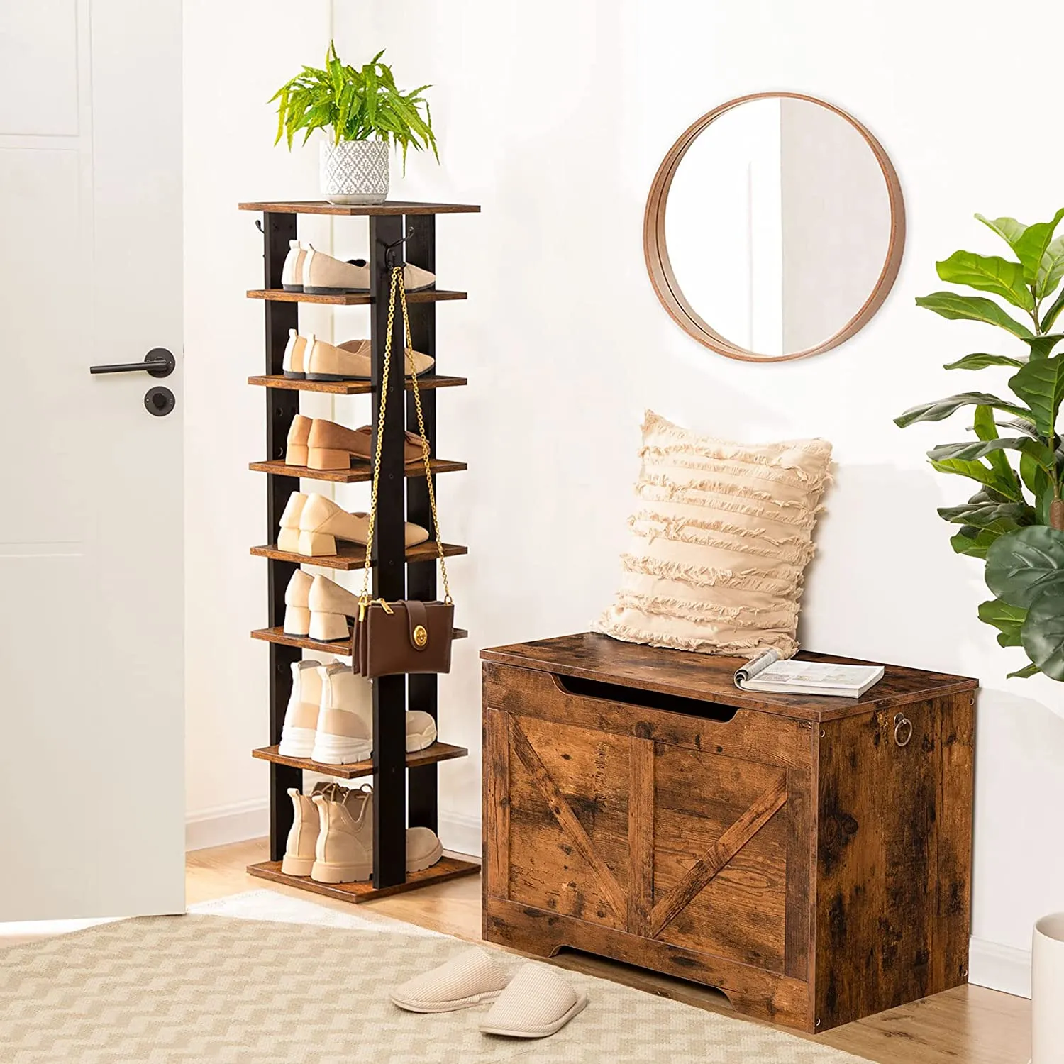Vertical Shoe Rack, 8 Tier Shoe Storage Organizer with Hooks, Narrow Shoe Rack