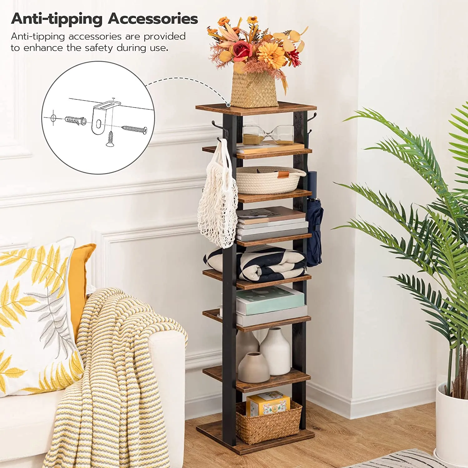 Vertical Shoe Rack, 8 Tier Shoe Storage Organizer with Hooks, Narrow Shoe Rack