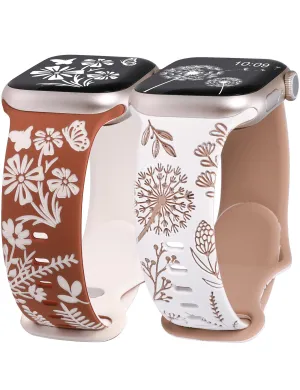 Wearlizer 2 Packs Floral Engraved Band Compatible with Apple Watch Bands 41mm 40mm 38mm 49mm 45mm 44mm 42mm Women