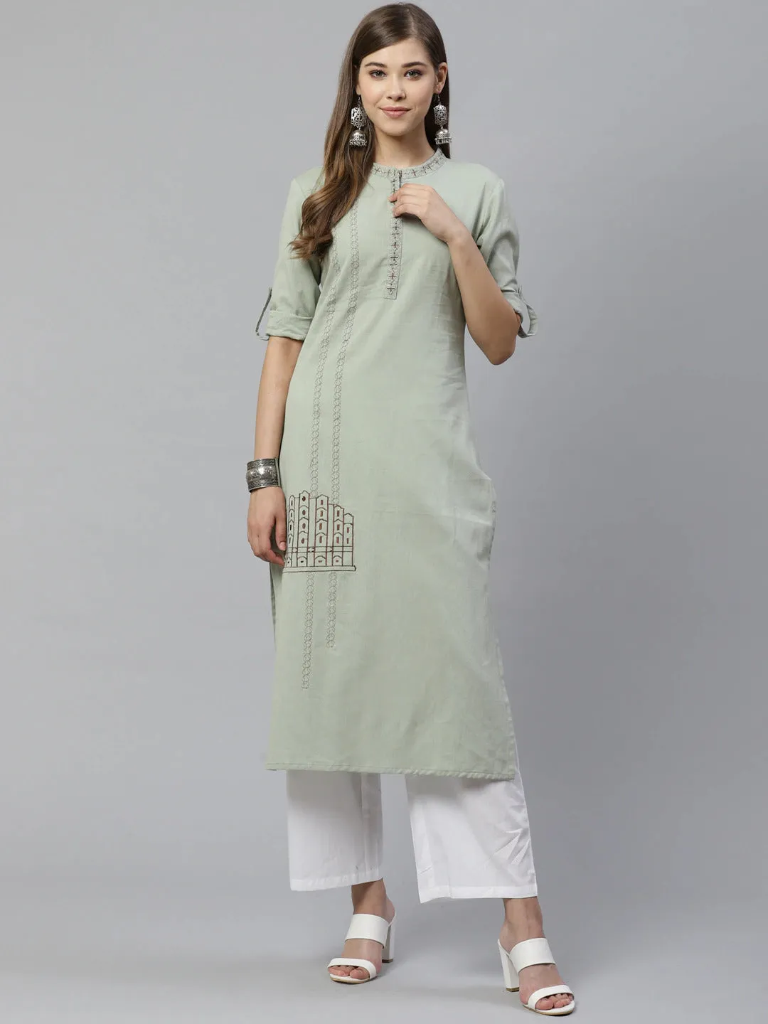 Women Dusty Green Embroidered Kurta