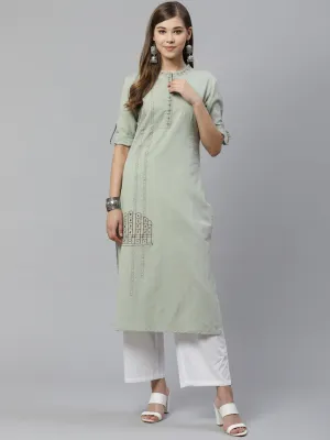 Women Dusty Green Embroidered Kurta