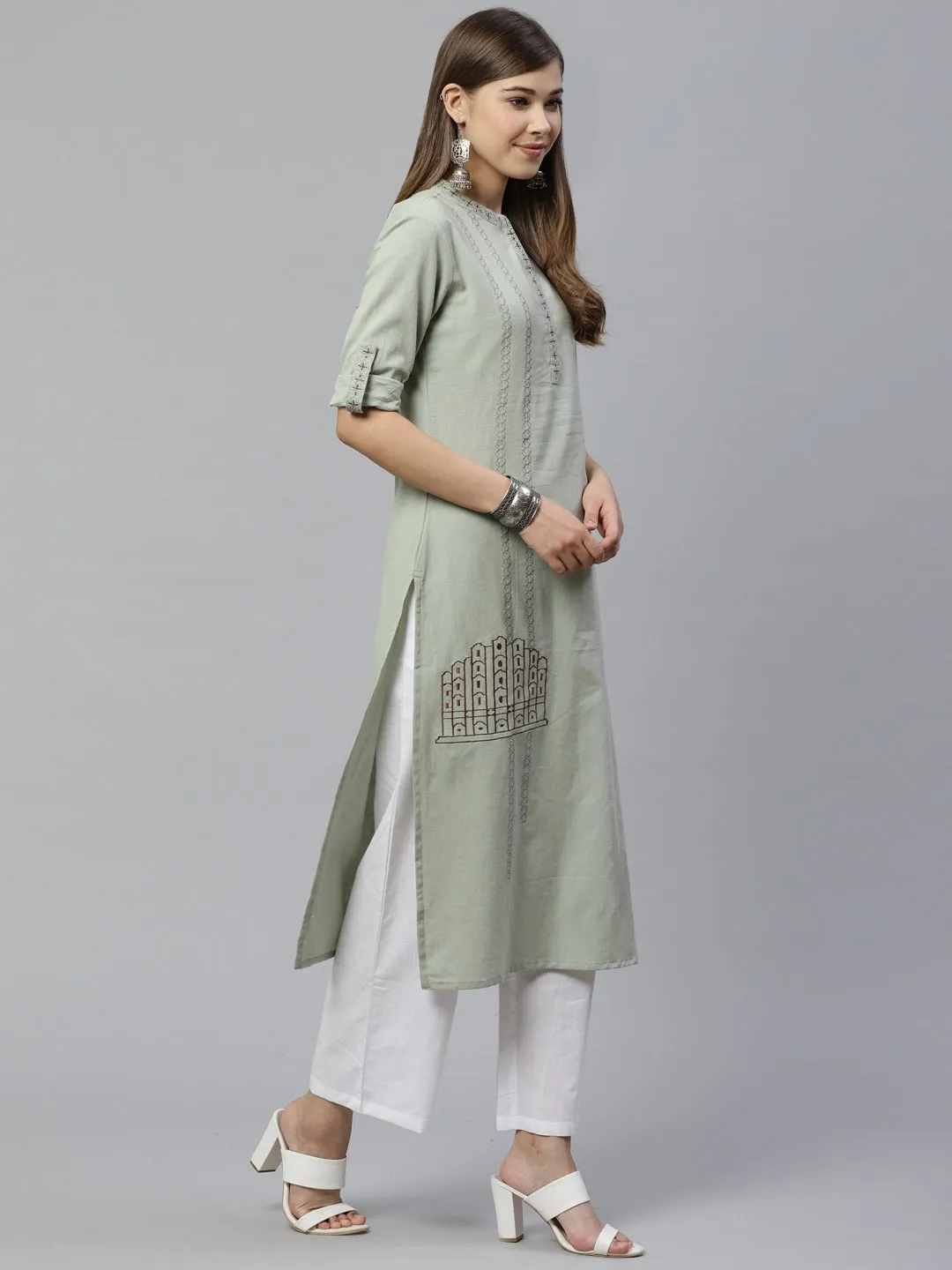 Women Dusty Green Embroidered Kurta