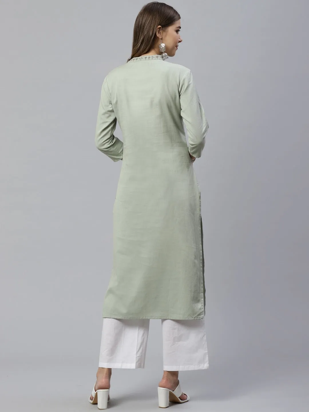 Women Dusty Green Embroidered Kurta