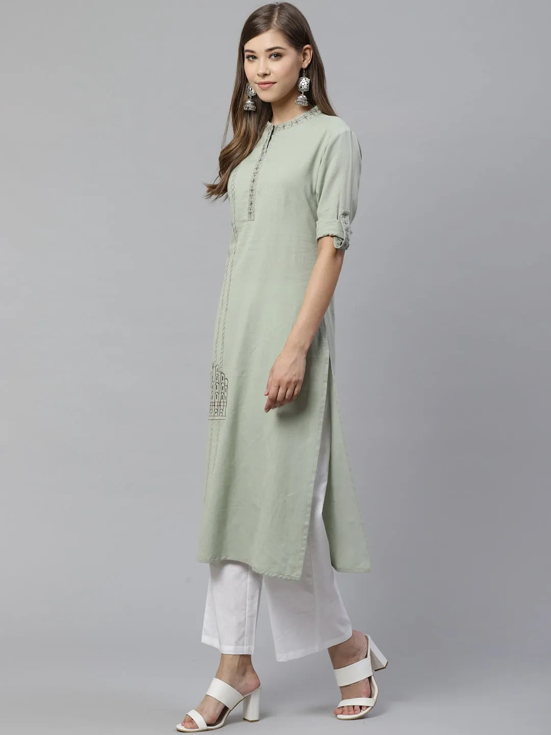 Women Dusty Green Embroidered Kurta