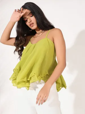 Women Green Shoulder Straps A-Line Top