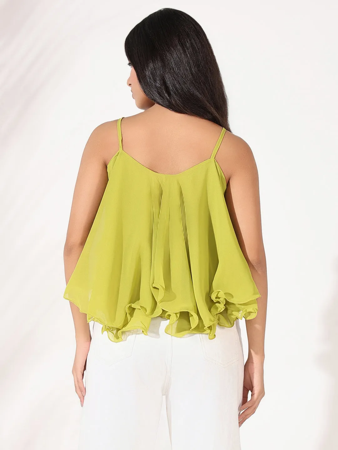 Women Green Shoulder Straps A-Line Top
