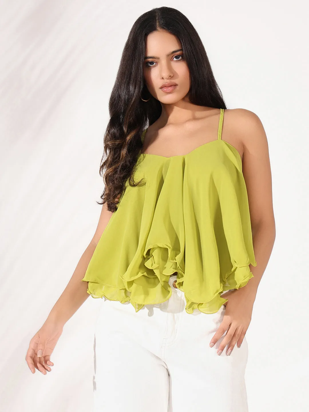 Women Green Shoulder Straps A-Line Top