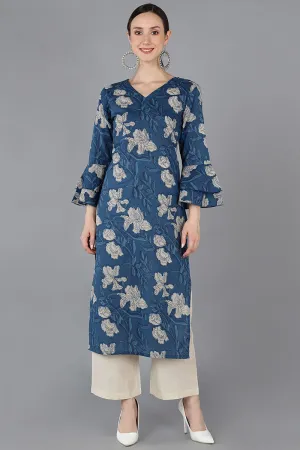Women Rayon Blend Printed Simple Function Wear Navy Blue Color Kurti