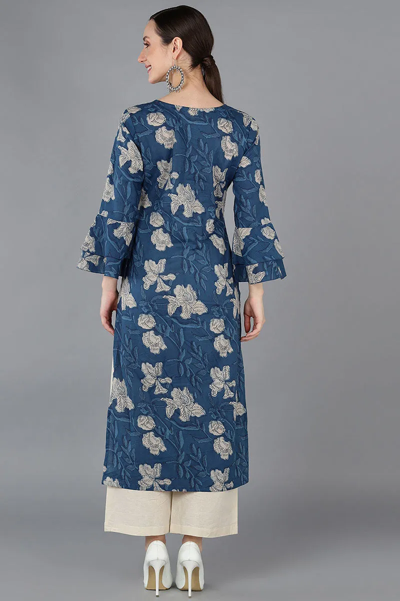 Women Rayon Blend Printed Simple Function Wear Navy Blue Color Kurti