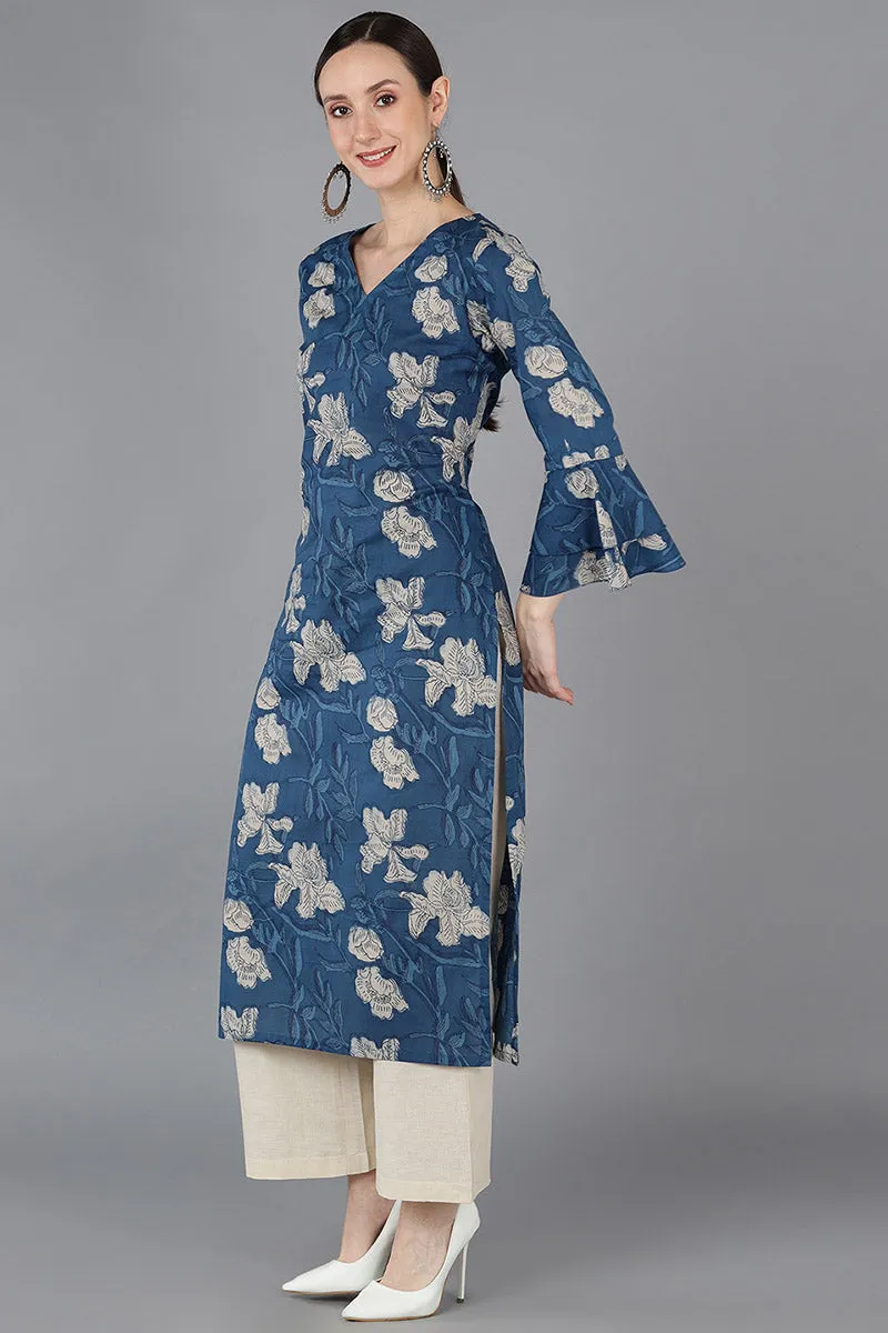 Women Rayon Blend Printed Simple Function Wear Navy Blue Color Kurti
