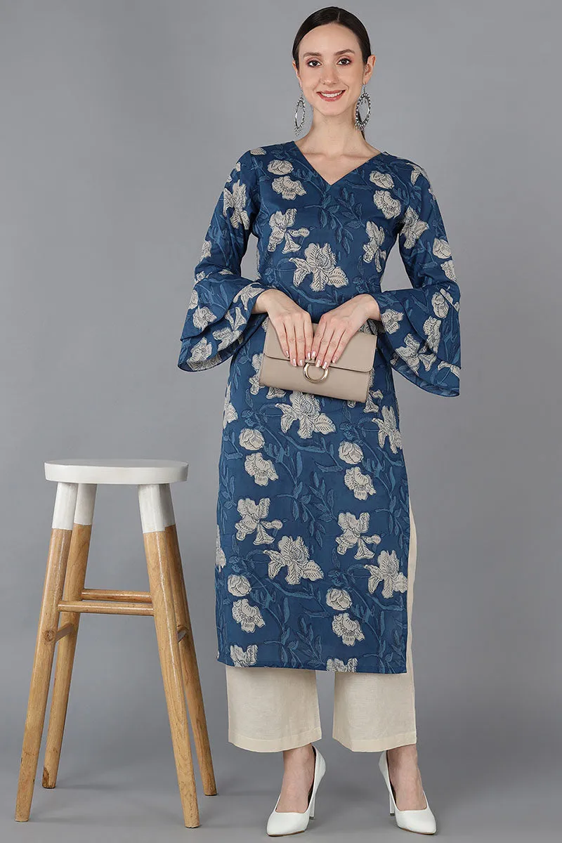 Women Rayon Blend Printed Simple Function Wear Navy Blue Color Kurti